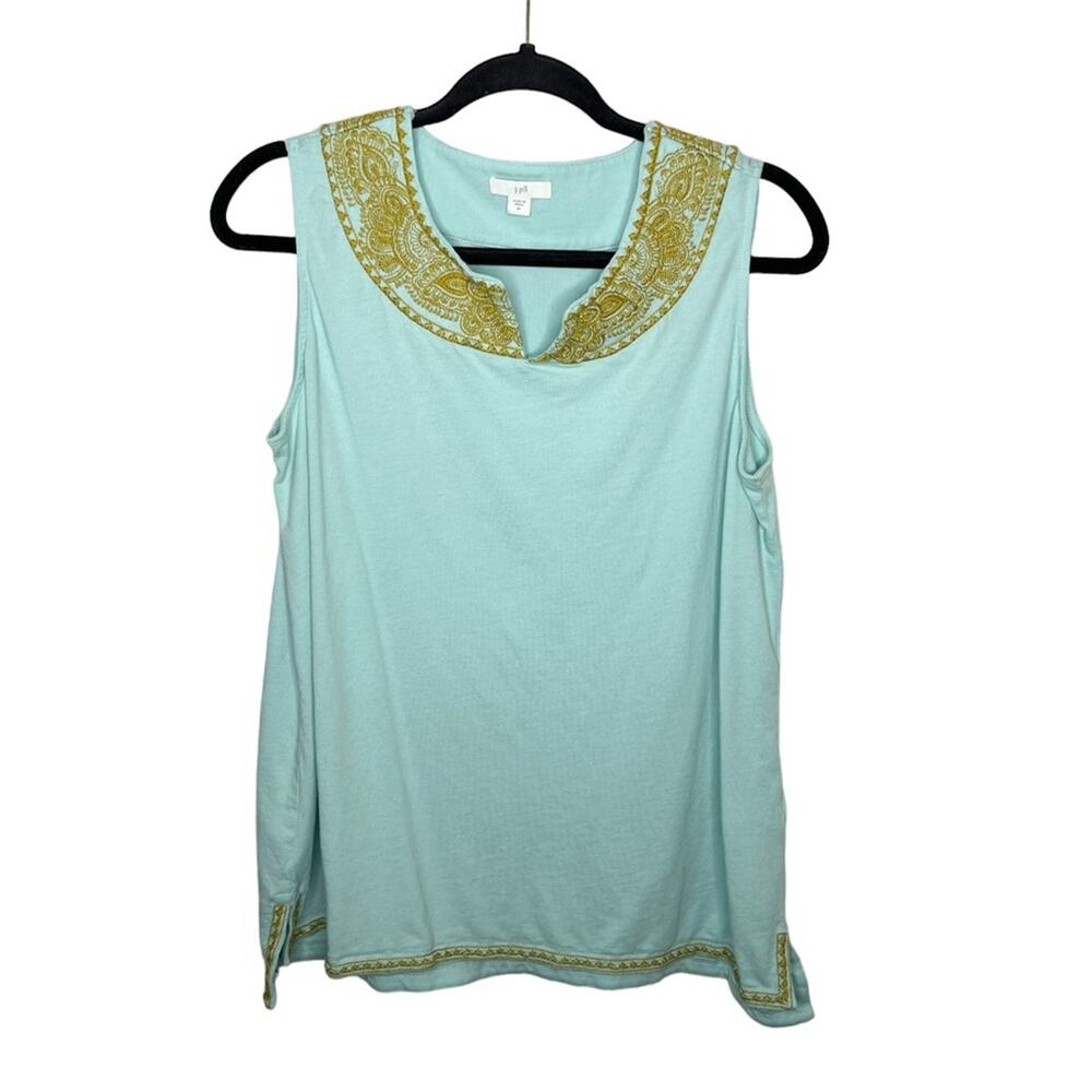 J. JILL / light teal blue gold embroidered trim tank top / M